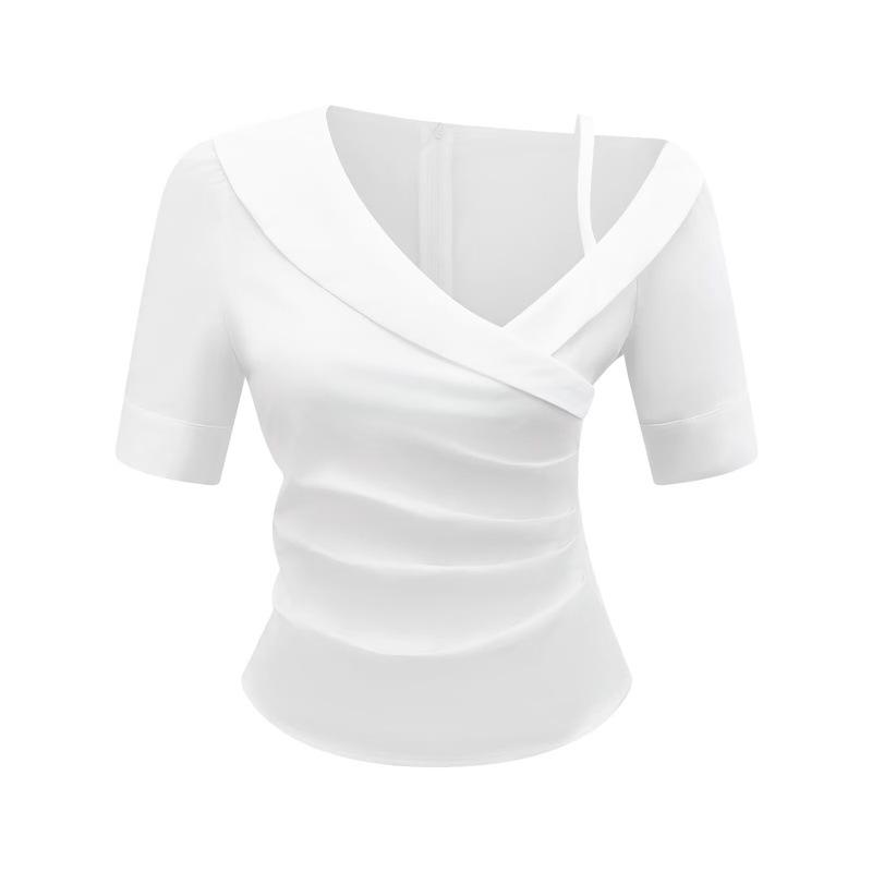 Asymmetrical French White Shirt: Women s Spring/Autumn Slim Fit with Unique Shoulder Design and Waist-Cinching Korean Style. S белый