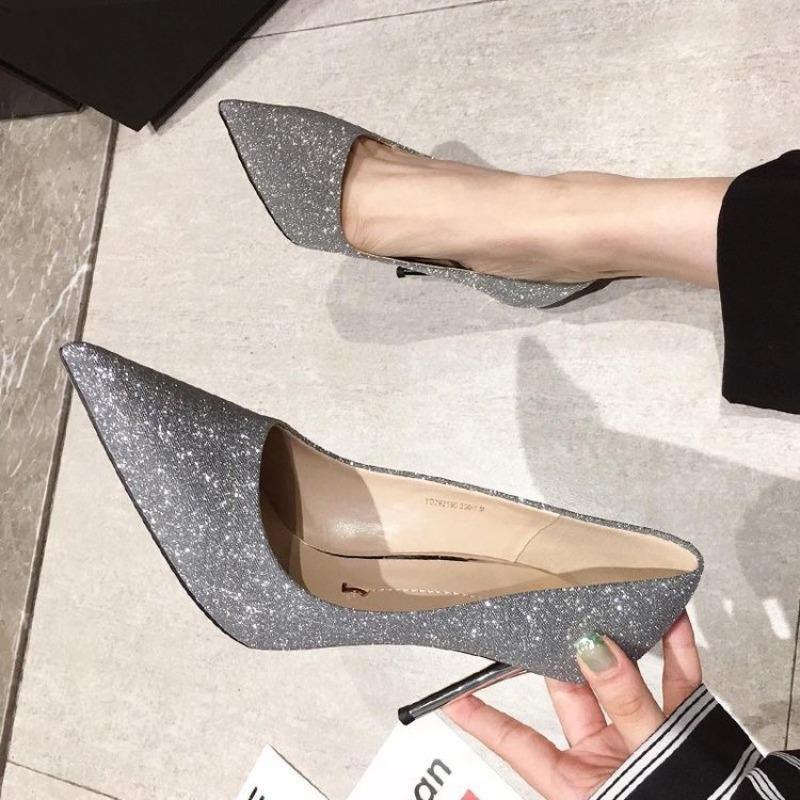 Wear large size pointed high heels summer new stiletto sequins fashion women's shoes fashion single shoes women