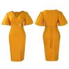 Women Fashion V Neck Puff Sleeve Solid High Waist Slit Bodycon Midi Dress