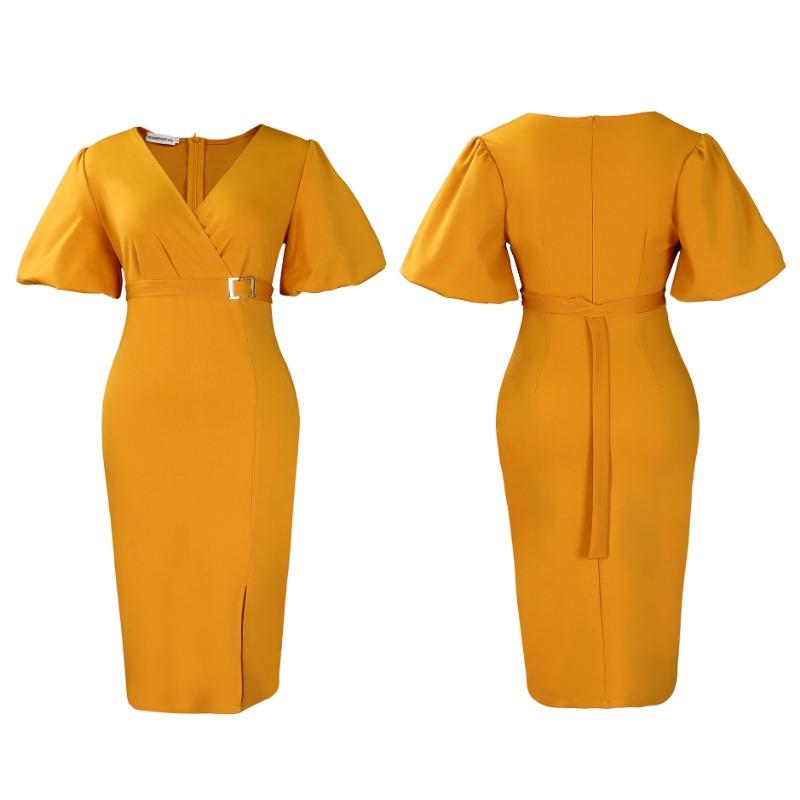 Women Fashion V Neck Puff Sleeve Solid High Waist Slit Bodycon Midi Dress