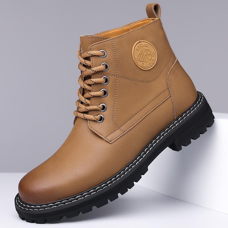 Fashion Autumn Winter Platform Boots for Men  Fashion Casual Cow Leather Yellow Cotton Shoes Male Solid Color Wool Work Boots Man