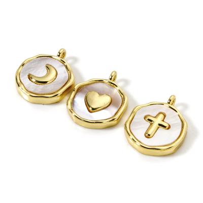1 Piece Natural Shell & Brass Charms 18K Gold Plated White Round Disc Cross Heart Moon Pendants For DIY Necklace 15mm X 12mm