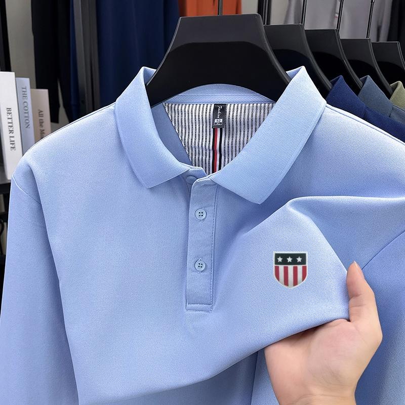 Men s Lapel Polo Shirt High End Flag Print Breathable Long Sleeve T-Shirt Fashion Business Men s Wear M