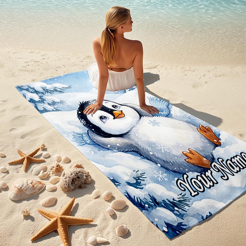 1PC Custom Name Snowy Penguin Winter Scene Beach Towel Highly Absorbent And Sand-Resistant Towel for Swimming, Pool, Yoga, And Travel Lightweight
