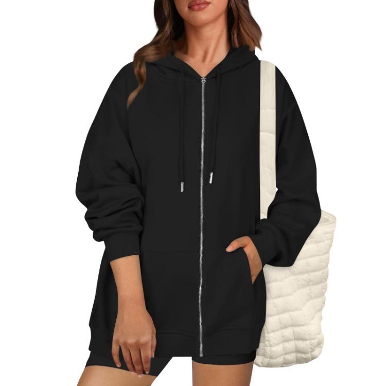 Casual Women Loose Hooded Zip Pocket Sweatshirt Jacket Fashion Top