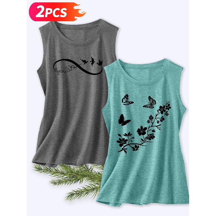 Follow a Specific Direction Two-piece Women's Tank Top with Butterfly and Floral Print Elegant Summer Party Outfits Sleeveless Vest Essential Fashion