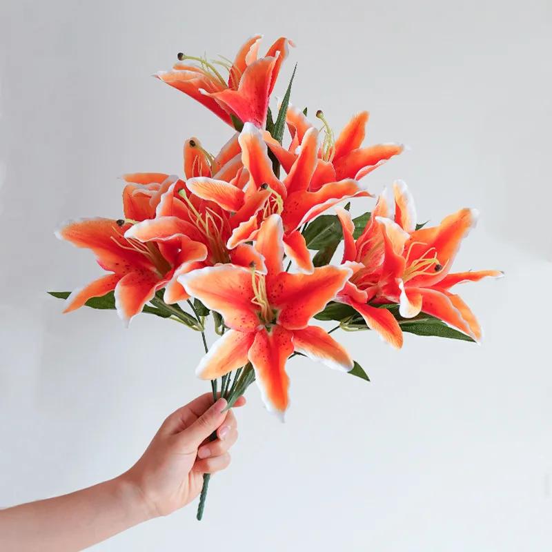 

9 Heads Small Lily Artificial Flower Bouquet for Dining Room Home Living Room Decor Floral Vase Arrangement Lily Pure,Warm