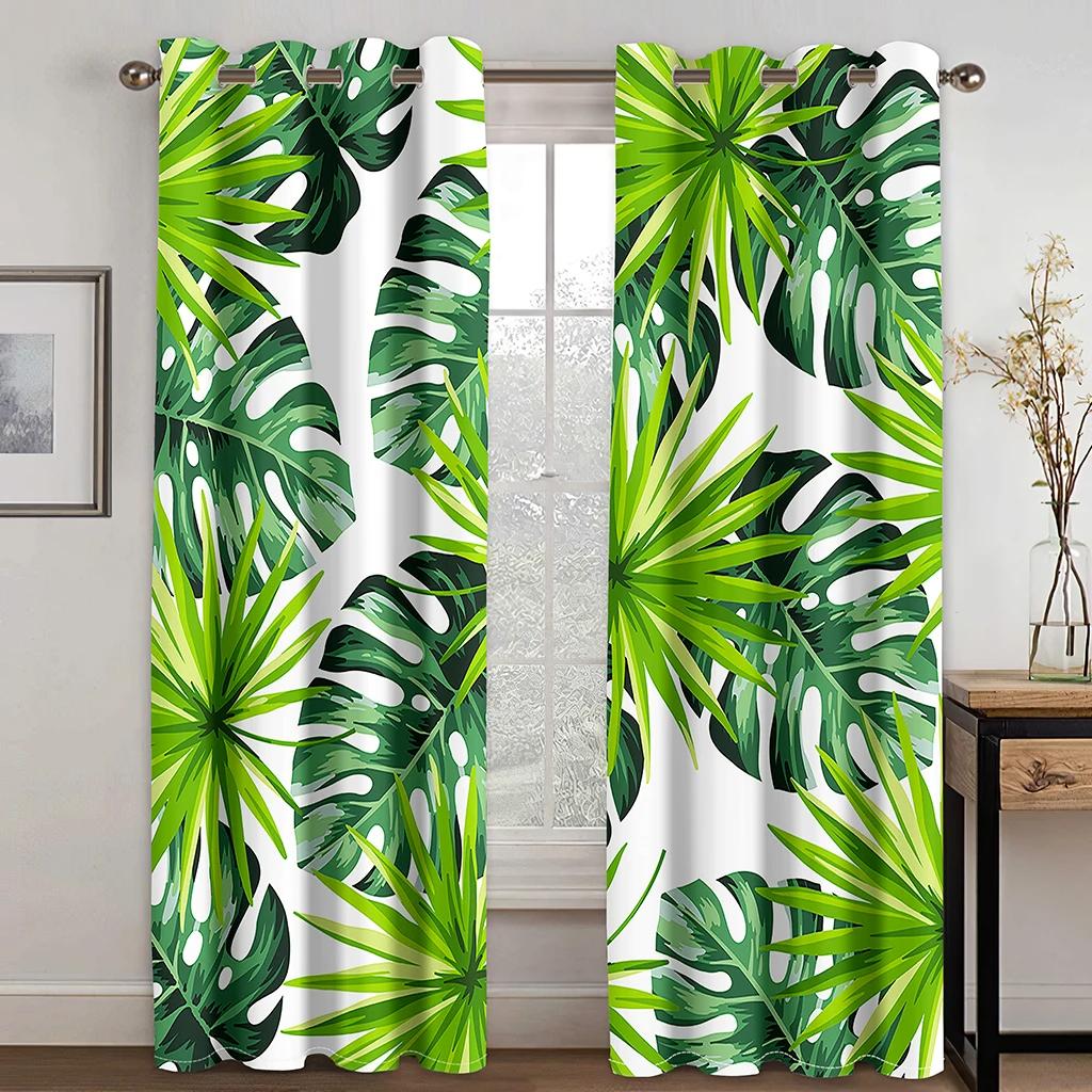 Custom European Elegant Green Leaves Curtains Luxury Curtains Tropical Leaves Pattern Window Curtains for Bedroom Living Room