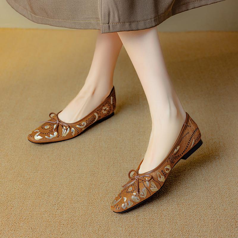 

Fashion 2025 New Spring Women Flats Genuine Leather Shoes for Women Fashion Shallow Butterfly-knot Square Toe Women Ladies Shoes 40 коричневый