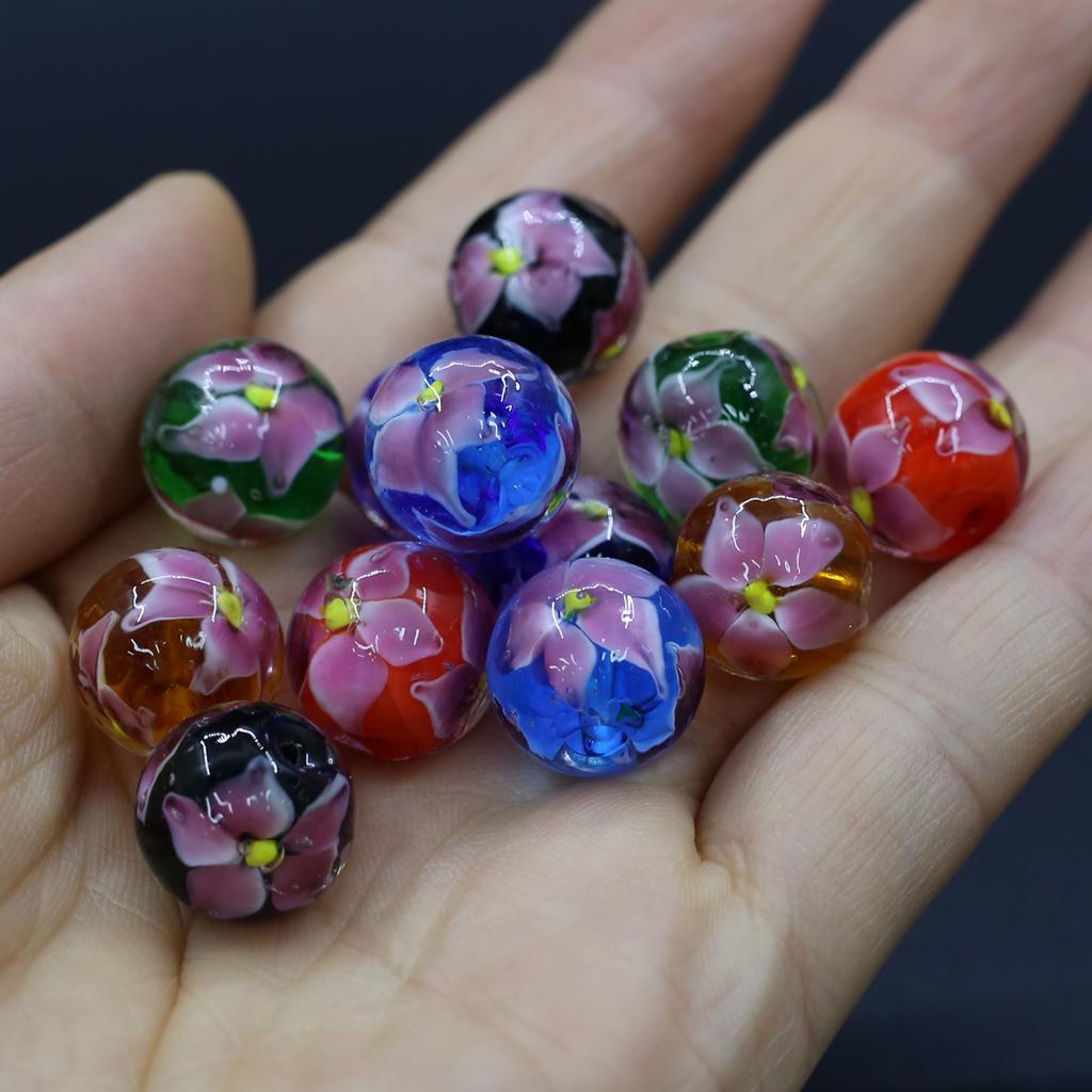 10Pcs DIY Charms Handmade Lampwork Glass Beads Round Flower Isolation Beads 14mm For Jewelry Making DIY Pendants Necklace Earrings Accessory