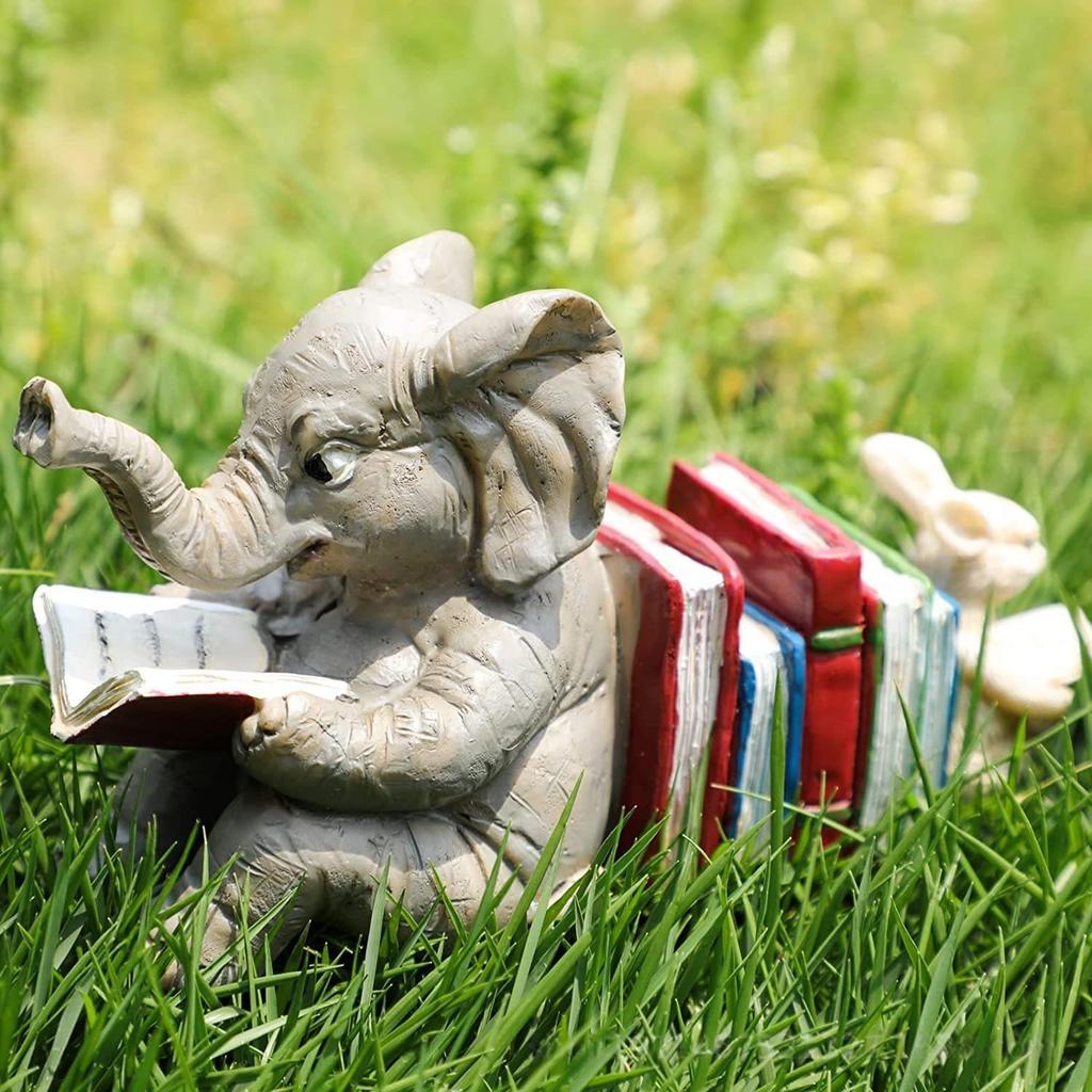 Elephant and Rabbit Reading Garden Resin Ornament for Home or Office Decor