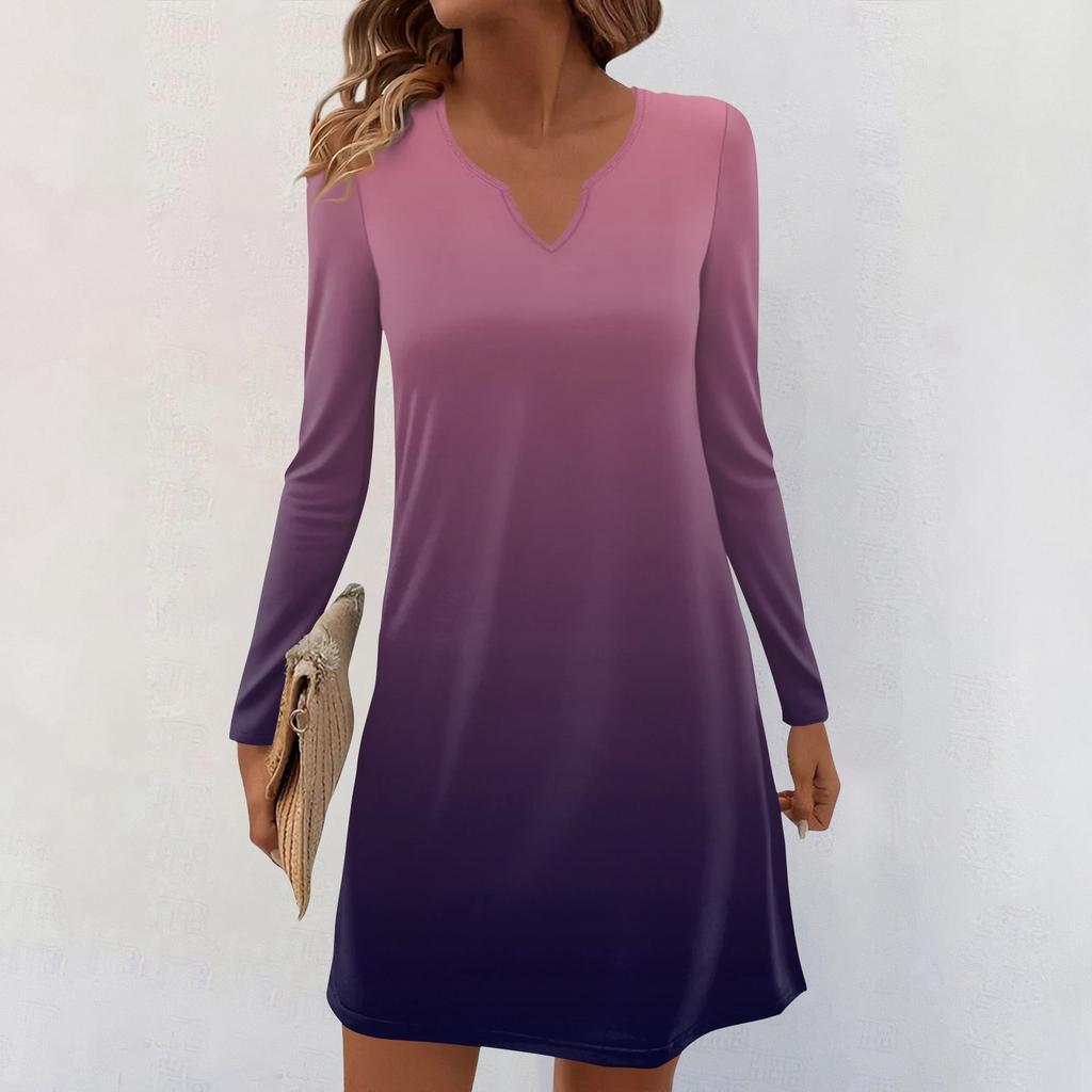 Women's Long-sleeved Casual Midi Dresses V-Neck Print  Casual Dress
