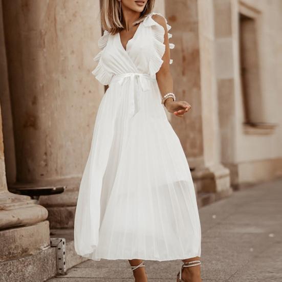 Women Dress Solid Color Lace-up Summer Sexy Large Hem Long Dress for Banquet