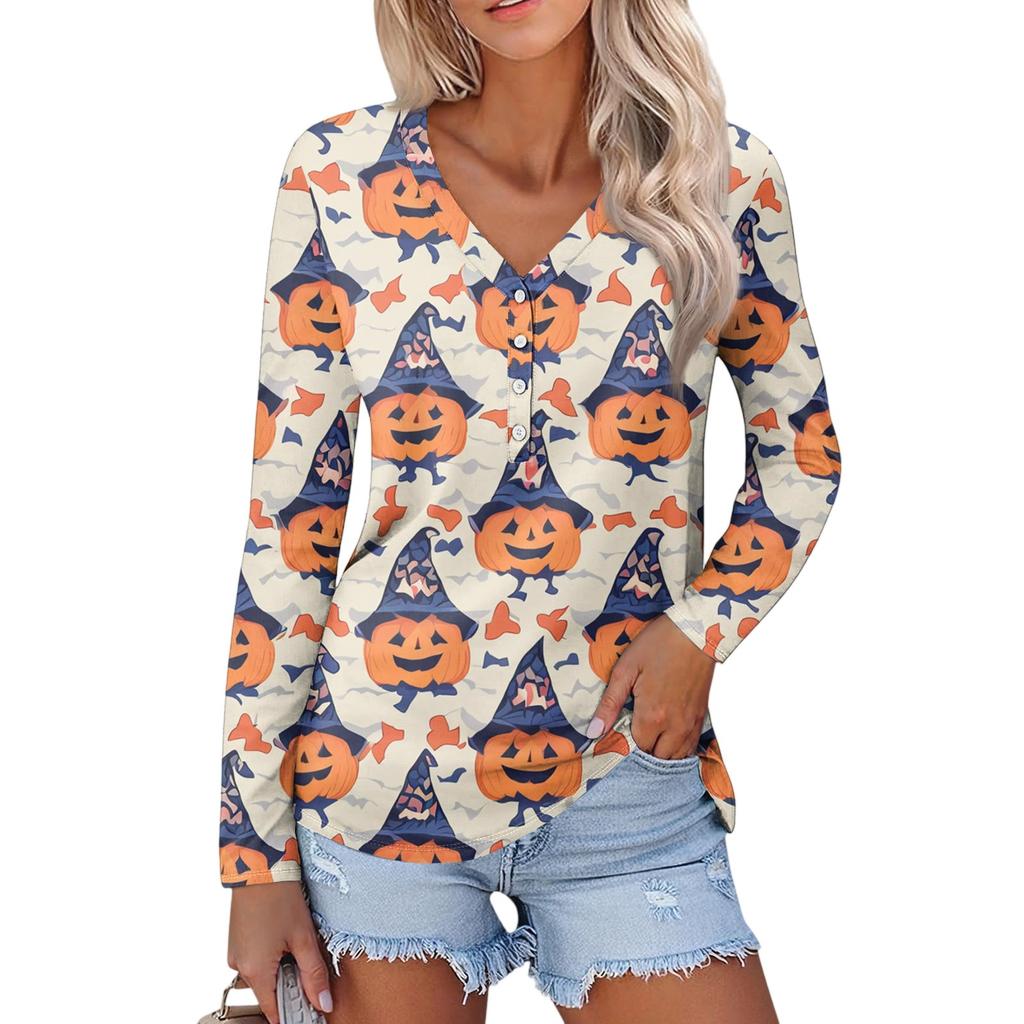Women's Casual Fashion Sexy Comfort Halloween Printed V-Neck Button Long Sleeve