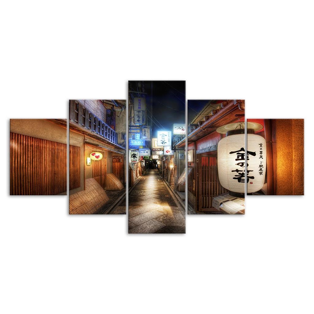 Japan Street Night Scene 5 Piece Five Panel Wall Canvas Print Modern Art Poster Picture Home Decor Gift For Him For Her