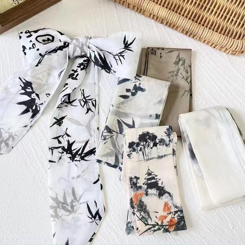 Ribbon Ink Painting Silk Scarf Long Ancient Hair Band Elegant Ribbon Headband  Lady