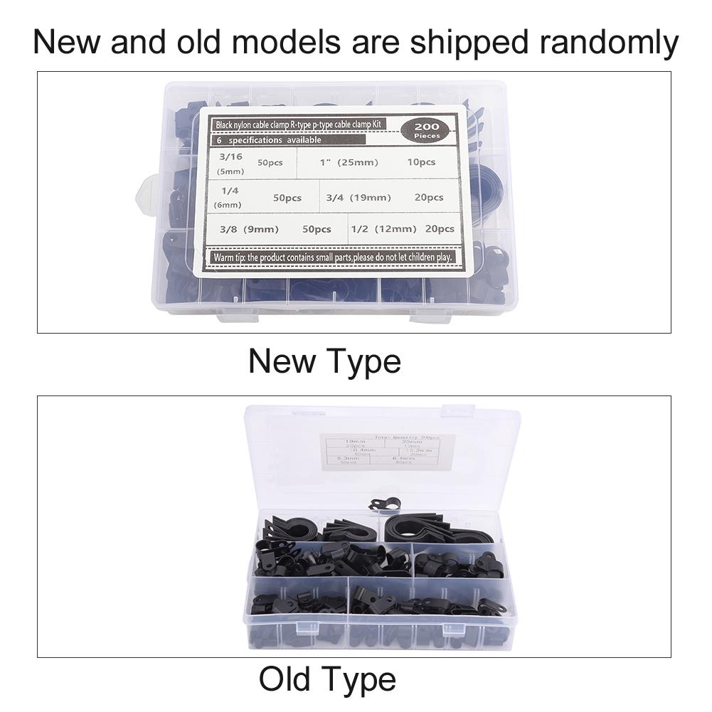 200pcs Plastic Nylon Cable Clamp R Type P Type Wire Clip Fasteners Assorted Box(Black )