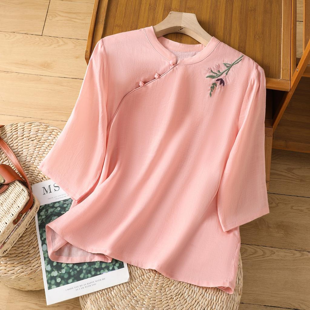 2025 Spring and Summer New Cotton and Linen Five-quarter-sleeved Shirt Women's Heavy Industry Embroidered Stand-up Collar Diagonal Cardigan Women's