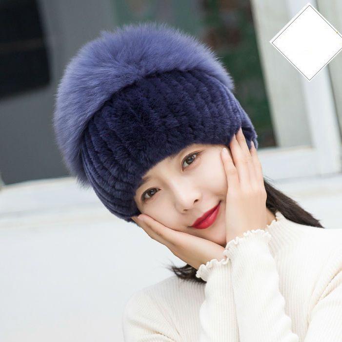 Winter Warm Women Cap Fox Fur and Rex Rebbit Fur Hat Good Elasticity
