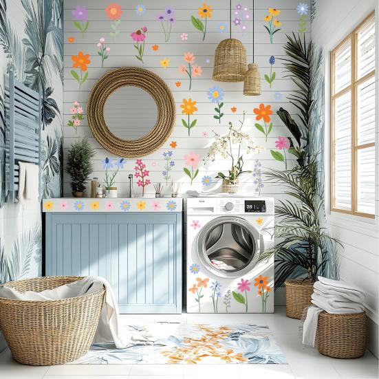 8 Sheets Flowers Wall Decals Watercolor Spring Floral Wall Sticker Colorful Peel And Stick Mural Wall Art for Home Bathroom Kitchen Decor