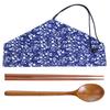 Japanese Style Cotton Linen Utensil Bag with Wooden Spoon and Chopstick Set