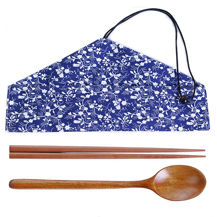 Japanese Style Cotton Linen Utensil Bag with Wooden Spoon and Chopstick Set
