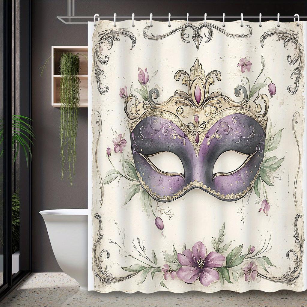 1pc Vintage Watercolor Carnival Mask Shower Curtain – Mysterious Style, Includes 12 Hooks, for Bathroom Decor