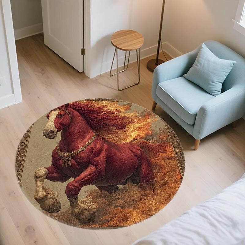 Red Horse,Round Area Rug,Carpet Rug for Living Room Bedroom Sofa Playroom Decor,Non-slip Floor Mat