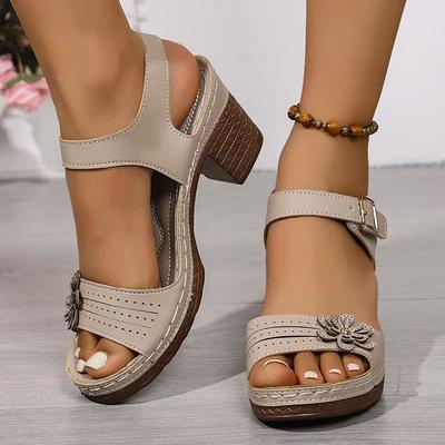 Vintage Blumen Knöchelriemen Sandalen Damen Bequeme Dicke Absätze Übergröße Schuhe Frau Leichtgewichtige Hochhackige Mutter Sandalen