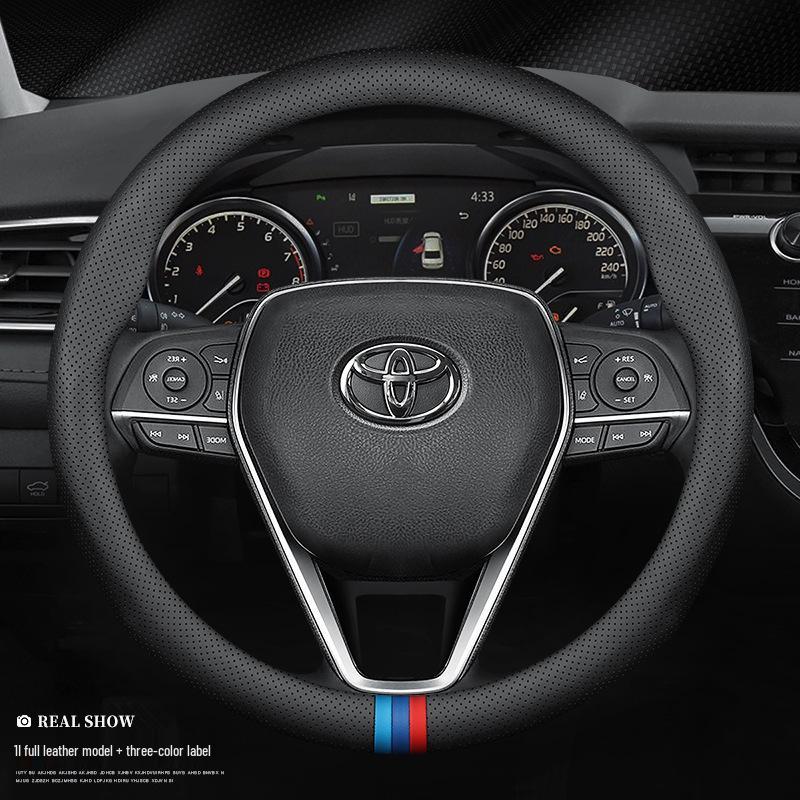 Genuine Leather Steering Wheel Cover for Toyota Camry, Corolla, Highlander, Levin, Vios with Carbon Fiber Handlebar