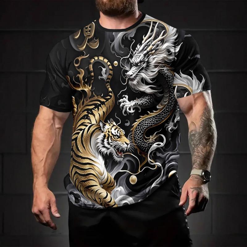 Pánské ležérní tričko s krátkým rukávem 3D tygr, osobnostní, volné, rychleschnoucí, vysoce elastické, prodyšné, z ledového hedvábí, pro streetové oblečení