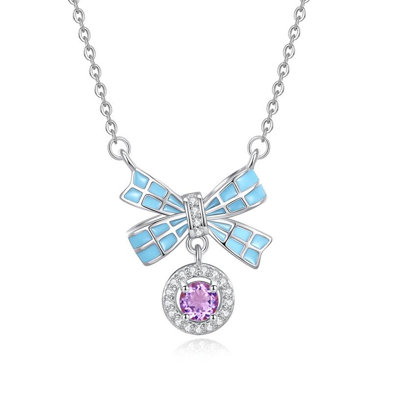 

Women s S925 Sterling Silver Bow Knot Necklace Natural Amethyst Citrine Zircon Enamel Clavicle Chain Jewelry 925 silver
