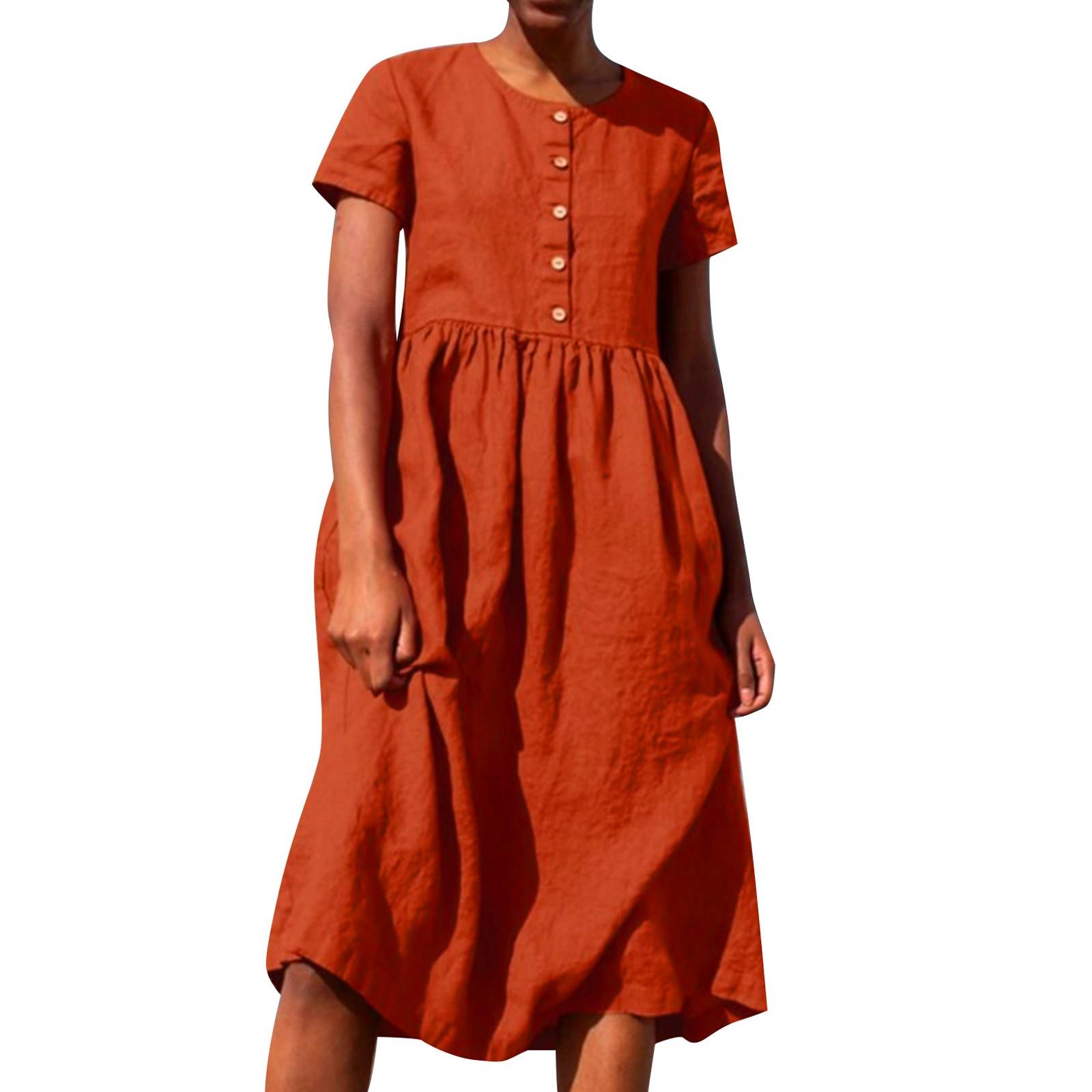 

Женское однотонное хлопковое льняное платье с круглым вырезом и короткими рукавами в стиле пэчворк на пуговицах XL