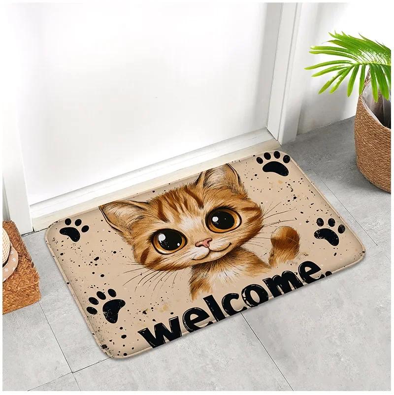 Vintage Welcome Cat Bedside Rug Flannel Non Slip Soft Bedroom Floor Mat