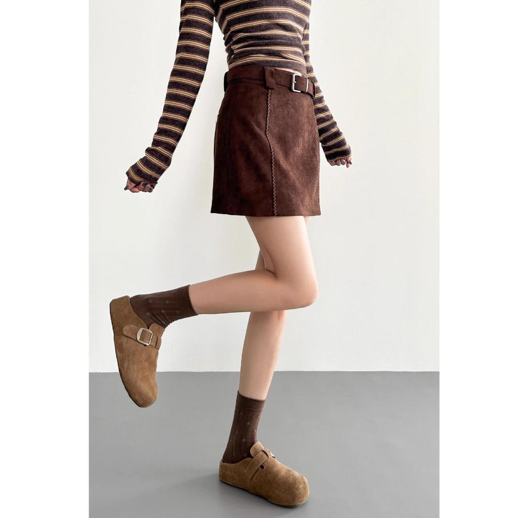 Melanoid Coffee Suede Plush High-Waist Slimming Skirt for Women – Spring/Autumn Hip-Hugging Short Skirt