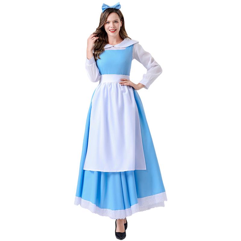 Beauty and the Beast Princess Belle Blue Maid Cosplay Dress - Long Anime Costume for Halloween S