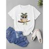 Cartoon Kawaii Owl Print T-Shirt, Short Sleeve Crew Neck Casual Top For Summer & Spring, Women's Clothing