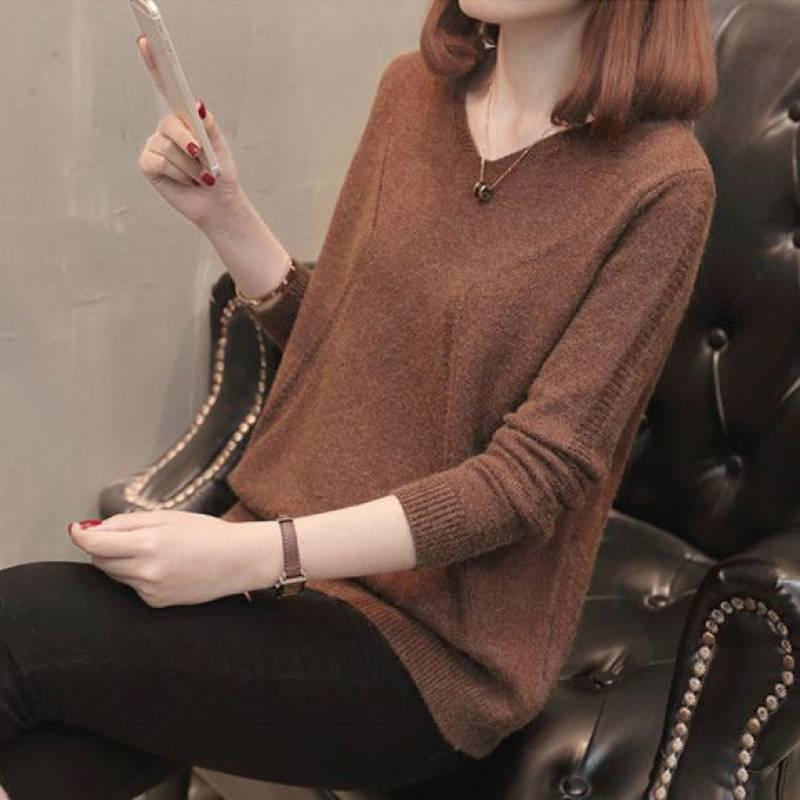 Autumn V-neck Sweater Women Pullover Fashion Long Sleeve Knitted Sweater Jumper Ladies Bottoming Knitwear Female