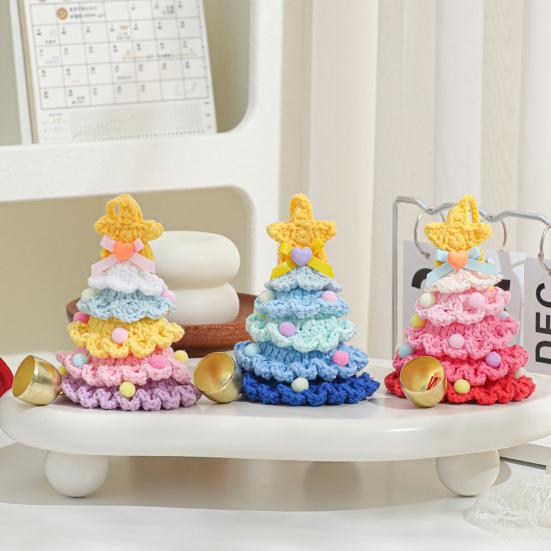 Knitted Christmas Tree Ornament Multi-Layered Mini Crochet Christmas Tree Hanging Decoration with Bell And Star Top Colorful Small Xmas Tree