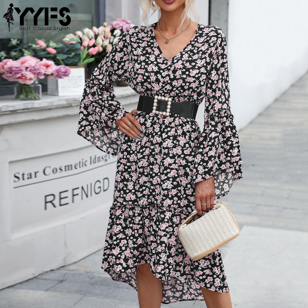 YYFS Women's Fashion Summer Spring Floral Print Long Sleeve V-Neck High Waist Casual Dresses