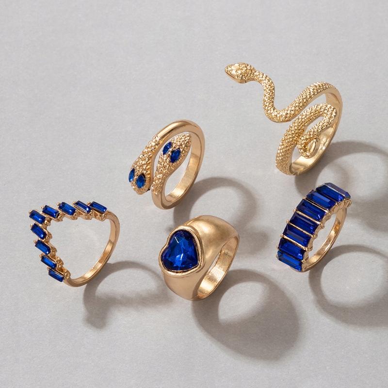 Set Of 5 Gold Rings Retro Punk Vintage Snake Heart Blue