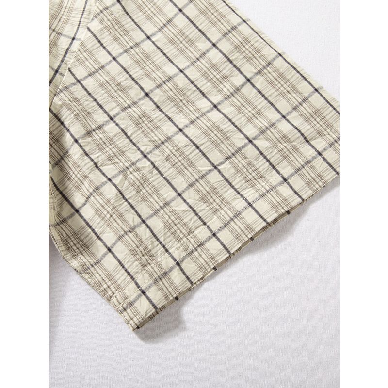 Short-Sleeved Shirt for Men, Summer Trendy Japanese Retro Plaid Cotton Top, Loose Wide-Fit Artistic Half-Sleeve Shirt