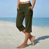 Pantaloni da Donna a Gamba Dritta Corti, Vestibilità Larga, in Lino e Cotone, con Tasche Laterali e Fondo Spaccato con Bottone, per Uso Casual