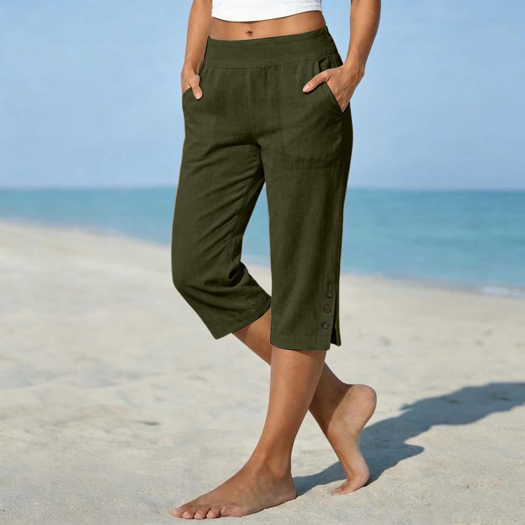 Pantaloni da Donna a Gamba Dritta Corti, Vestibilità Larga, in Lino e Cotone, con Tasche Laterali e Fondo Spaccato con Bottone, per Uso Casual