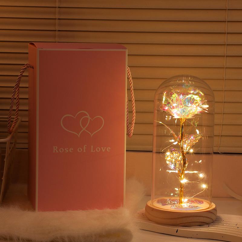Y Artificial Foil Rose Flowers with Glass Cover Christmas Valentine Day Gift for Girlfriend Eternal Rose LED Light Wedding Decor