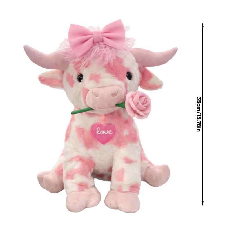 Rosa Kuh Schottische Hochlandkuh Plüschtier Entzückende Realistische Stoffpuppe Mit Langem Flauschigem Haar & Rose, Weiches Kuschelgeschenk Kinder