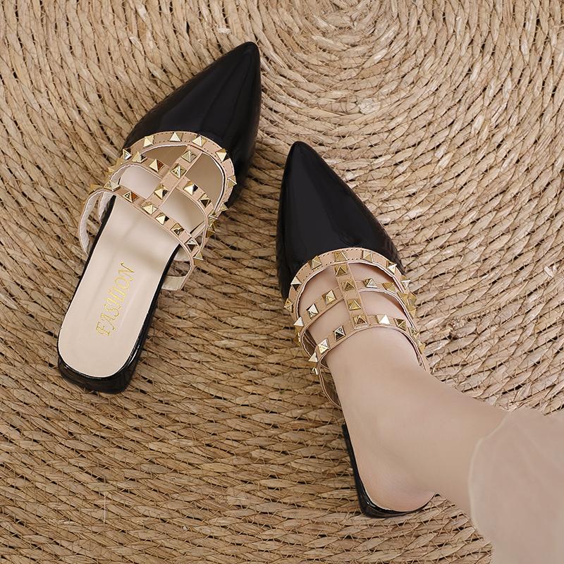 Patent Leather Pointed Toe Half-slipper High-end Studded Sandals For Women Summer Outdoor Flat Shoes