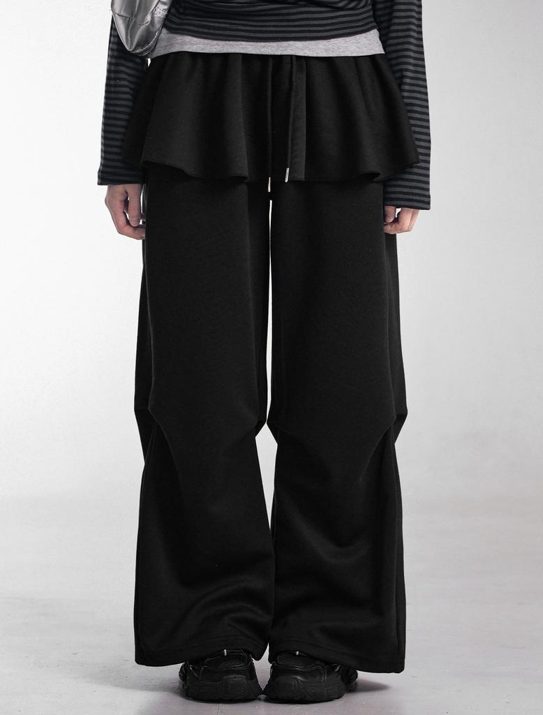 Lupeu Flare Elastic Waist Layered Skirt Skirt Pants Black