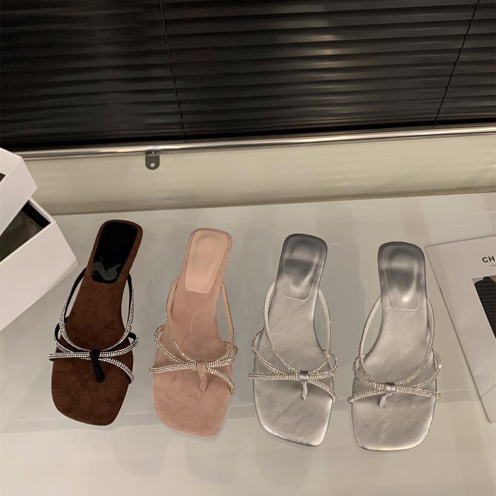 Coarse Heel Temperament Silver Rhinestone Toe Slippers Women's Shoes Wear Small Sandals Sandals