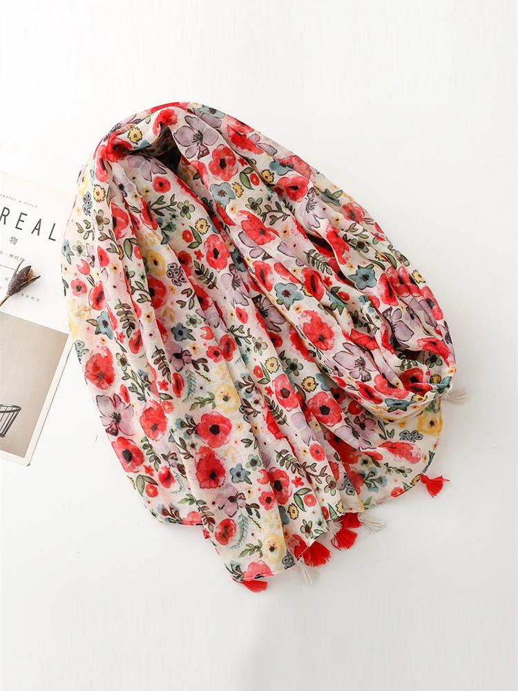 New Elegant Women Silk Scarf Beach Wrap Shawl Lady Sweet Boho Pink Floral Print Femme Hijab Bandana Mujer Vacation Scarve Pareo